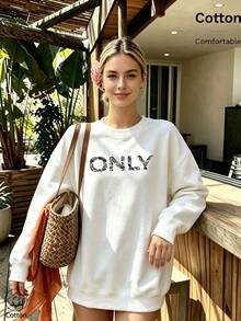 Women's Crew Neck Sweatshirt, Travel Pullover, Cotton Top, Women's Autumn/Winter Basic Sweatshirt - White - View 9