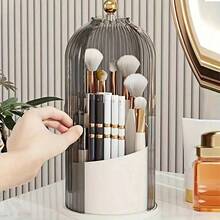 360° Rotating Sliding Cover Makeup Brush Storage Box With Card Slot 3-Compartment Drawer, Multi-Functional Dust-Proof Organizer For Bathroom, Vanity, Dorm - Multicolor - View 9