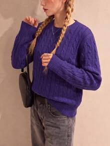 Vintage Preppy Style Women's Pullover Knit Sweater, Long Sleeve Regular Fit Knit Top, Slightly Elastic - Purple - View 1