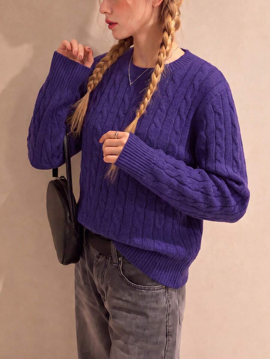 Vintage Preppy Style Women's Pullover Knit Sweater, Long Sleeve Regular Fit Knit Top, Slightly Elastic - Purple - View 1