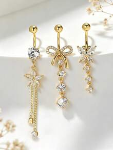 3pcs Women Heart, Bow, Flower, Butterfly Teardrop Navel Piercing Jewelry Set, Suitable For Beach, Holiday, Party, Occasions - 3 Pieces - View 3