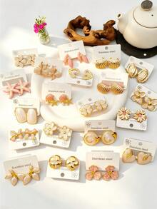 4/8/16/24pcs Two Tone Enamel Heart Stainless Steel Stud Earrings,Jewelry Women,Accessories For Women,Gold Trim Soft Girl Chic Daily Accessories - Multicolor - View 3