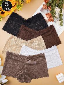 5pcs Solid Color Floral Lace Hipster Panties, Sexy Romantic Women's Lingerie - Multicolor - View 3