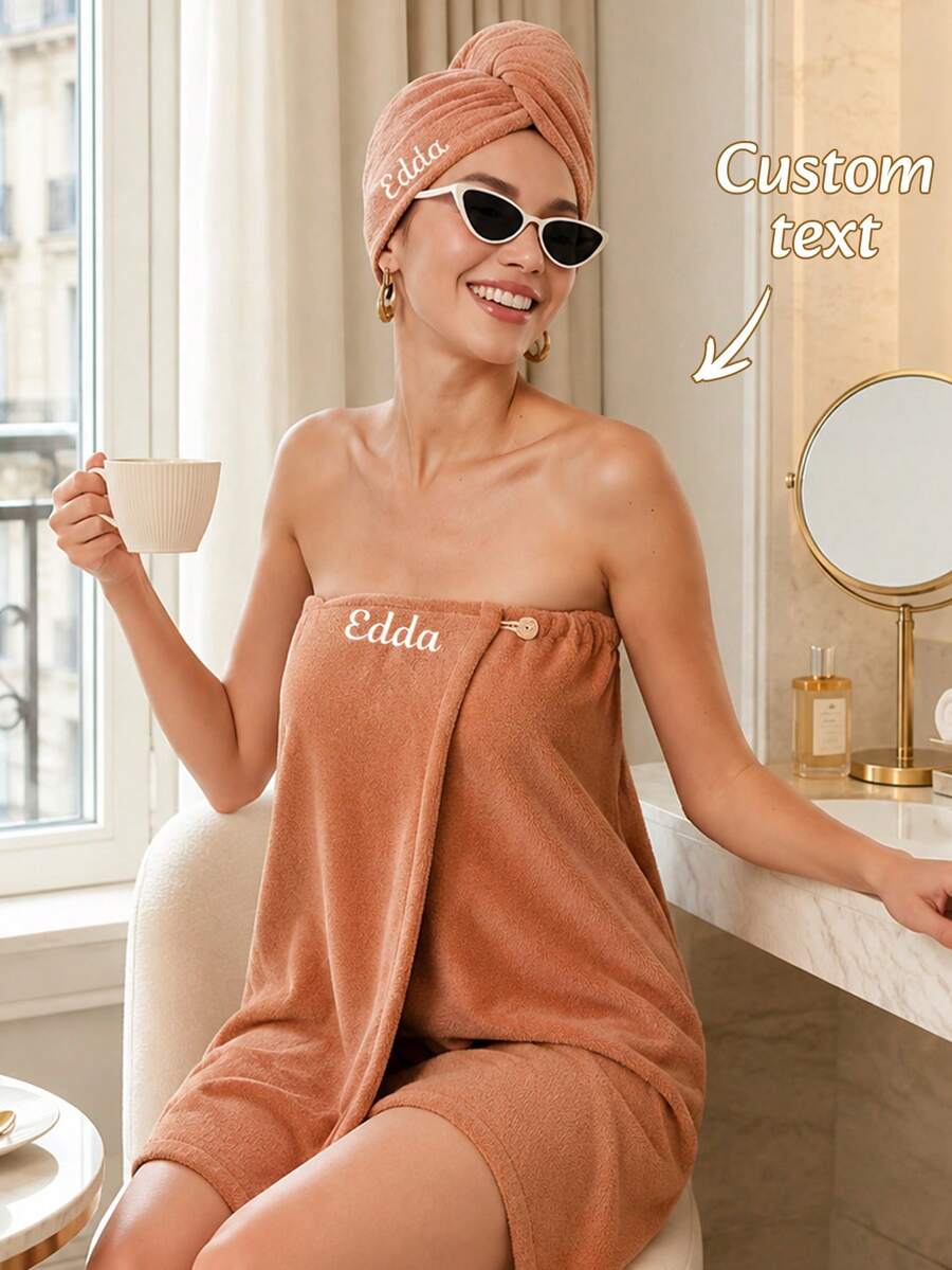 1Set Custom Embroidered Name Hair Turban & Bath Wrap Set, Personalized Monogram Spa Body Wrap With Button Fastener, 5 Color Selections, Holiday Keepsake Gift, Bathroom Daily Use & Self Care At Home