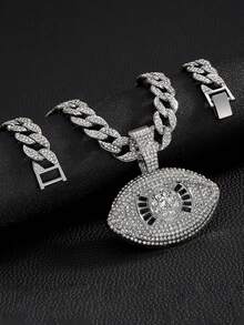 1pc Evil Eye Shaped Pendant And Rhinestone Cuban Chain Men's Fashion Popular Hip Hop Pendant Necklace - Silver - View 4