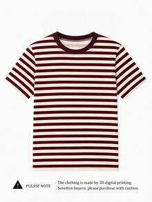 經典條紋 Y2K 百搭夏季女款休閒圓領短袖簡約 T-shirt，適合度假、海灘穿著 - 酒紅色 - 查看 3