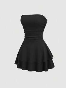 Vestido mini de punto sin tirantes de unicolor minimalista para mujer, vestido de pastel de múltiples capas - Negro - Ver 1