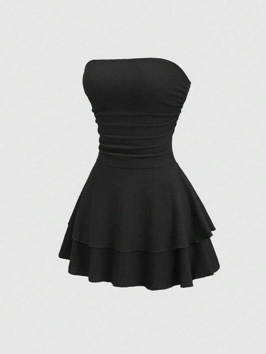 Vestido mini de punto sin tirantes de unicolor minimalista para mujer, vestido de pastel de múltiples capas - Negro - Ver 1