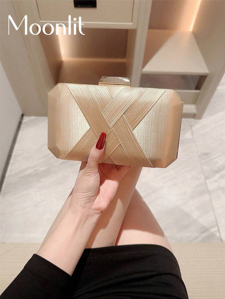 古典交叉緞面禮盒款手拿包，高端感，適用於晚宴派對、正式場合、舞蹈活動、浪漫婚禮，配有鍊條肩帶，宴會手袋