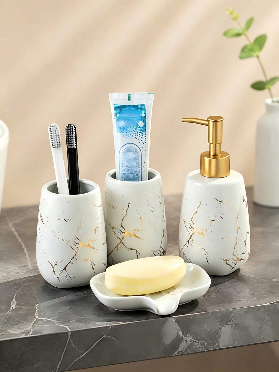 Ceramic Bathroom 4-Piece Set, Toiletries, Bathroom Accessories, Mouthwash Cup, Toothbrush Holder, Draining Tray Set, Wash Basin - A - View 1