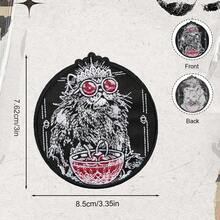 1pc Dark Style Cat Iron-On Embroidered Patch, Red Fashion Glasses Cherry Persian Cat Patch, Clothing Backpack DIY Decorative Embroidery Label - A - View 2