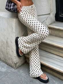 Fall/Winter Colorblock Polka Dot Casual Pants For Women, Versatile For Home And Going Out, Draped Low Waist Straight Leg Long Pants - White - View 4
