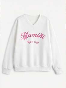 White V-Neck Cute Letter Graphic Sweatshirt For Women, Loose Drop Shoulder Slouchy Pullover Top, Versatile Casual Sweatshirt For Autumn Back To School, Commute, Date - White - View 4