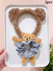 1/1/2/Pcs/Set Brown Plush Headband + Bear Plaid Hair Scrunchie Combination, Cute Hair Accessories - Suitable For Girls And Women, Essential For Daily Wear And Parties - Multicolor - View 13