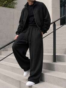 HEYKESON Men's Stand Collar Zip-Up Jacket & Wide Leg Sweatpants 2 Pieces Casual Set - Black - View 6
