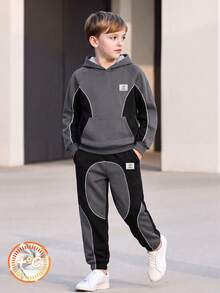 Boys' Autumn/Winter 2 Pieces Set, Colorblock Striped Raglan Hooded Sweatshirt And Cuffed Sweatpants Casual Sports Outfit - Grey - View 2