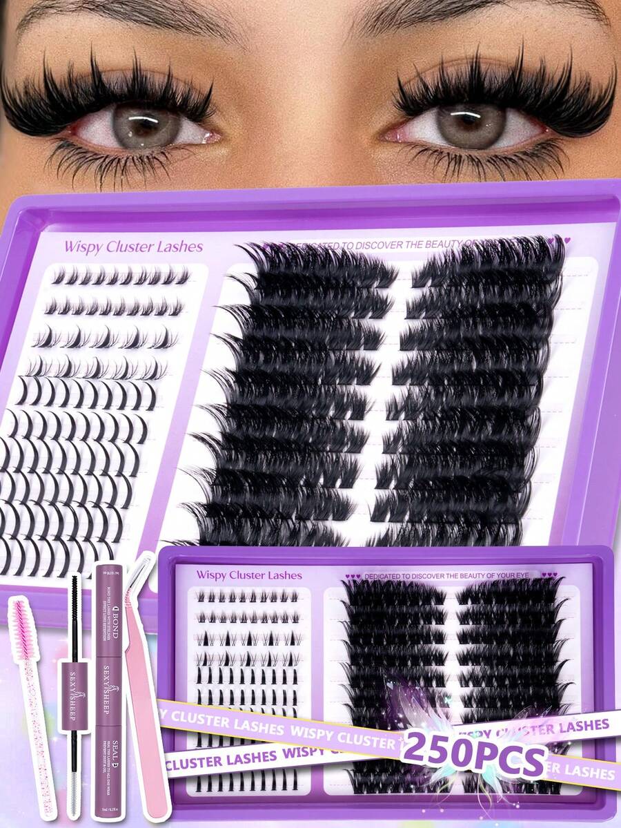 D-Curl, Spikes Wispy Lashes, DIY Eyelash Extension Tool Set. Lash Clusters,DIY False Lashes Set,With Bond&Seal, Tweezers, Brush, Lightweight & Soft & Natural, For Home DIY, Lash Cluters Kit, Clusher Lashes, Lash Book, Eyelashes - Black - View 1