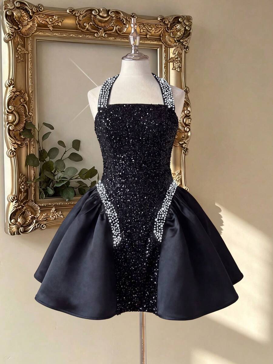 Beaded Short Dress With Halter Neck, Patchwork Matte Satin Flared Skirt Evening Gown, Birthday Party Cocktail Annual Meeting Dinner Dress - Black - View 1