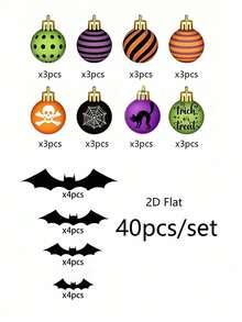 40pcs/Set 2D Flat Halloween Hanging Decorations, Black Bat, Skull, Spider, Black Cat Striped Pattern Halloween Tree Hanging Decor, Indoor Home Party Window Fireplace Decoration Supplies - A - View 10