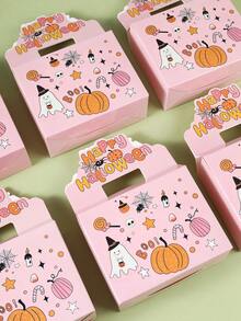 2/4/6/8/12pcs Halloween Paper Gift Boxes, Pink Pumpkin & Bat Pattern Rectangular Candy Boxes With Handles, Cute Candy, Cookie, Snack Packaging Boxes For Halloween Party Favors, Trick Or Treat Candy Bags - Multicolor - View 5