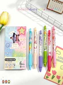 1pc/6pcs Optional Graffiti Style Retractable Gel Pen 0.5mm Black ST Tip Quick Dry Smooth Ultra Soft Comfortable Grip Student Exam Practice Writing Pen Back To School Season Classroom Reward Gift - Multicolor - View 2
