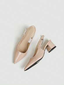 Women's Nude Pointed Toe Slingback Chunky Heel Pumps, Adjustable Buckle Dress Shoes For Wedding, Commute And Daily Wear - Apricot - View 2