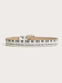 1pc Women's Piano Key Embossed Western Cowgirl Style Heavy Beaded Buckle Fashion PU Belt Suitable For Daily Use - Black and White - View 3