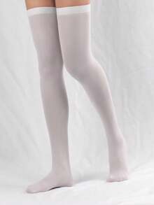 1/2/5 Pairs Women's 80D Velvet Solid Color Over-The-Knee Stockings - White - View 5