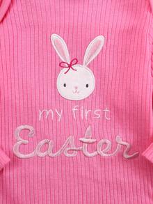 DILAVEL 3pcs Baby Long Sleeve Jumpsuit Set, My First Easter Rabbit Print Baby Girl Jumpsuit Set, Soft Cotton Newborn Baby Girl Jumpsuit - Baby Pink - View 3