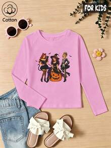 Halloween Girls Cotton Raglan Long Sleeve Tee, Witch Pumpkin Skull Print, Cute Sweet Preppy Style - Light Wine Red - View 3