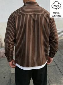 WAIT HIM 100% Cotton Men's Casual Striped Long Sleeve Shirt - Brown - View 5