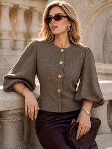 Perirose Women's Vintage Brown Puff Sleeve Jacket Round Neck Button Front Cropped Blazer Elegant Retro Long Sleeve Outerwear Fall Winter Old Money Style - Khaki - View 9