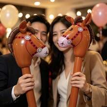 Large Inflatable Horse Head Stick Handheld Pony Stick Inflatable Toy Party Event Atmosphere Prop Outdoor Interactive Game Decoration Gift - Multicolor - View 2