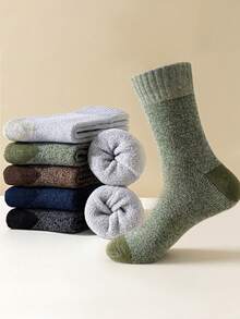 5 Pairs Men's Thick Terry Cushioned Mid-Calf Socks, Heathered Color Block, Warm Reinforced Work Socks, Moisture-Wicking For Outdoor Hiking - Multicolor - View 2