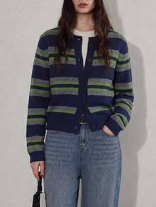 Jaket Kardigan Wanita Kasual Musim Gugur/Dingin Minimalis Retro Motif Garis-Garis Blok Warna Kerah Bulat - Navy Blue - View 5