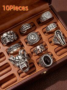 10pcs Unisex Vintage Punk Gothic Skull Claw Geometric Ring Set, Personalized Hip Hop Party Gift Daily Jewelry Accessories - 10pcs Assorted Punk Style Rings - View 8
