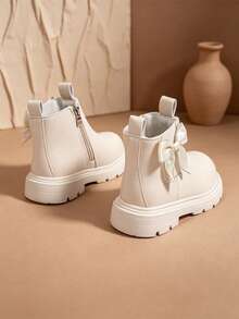 1 Pair Beige Ankle Boots, Solid Color Soft Bow Decor, Round Toe Soft Sole Inner Zipper Design, Fashion Classic Boots, Suitable For Daily Wear, School, Holidays, Parties, Autumn/Winter New Style - Beige - View 6