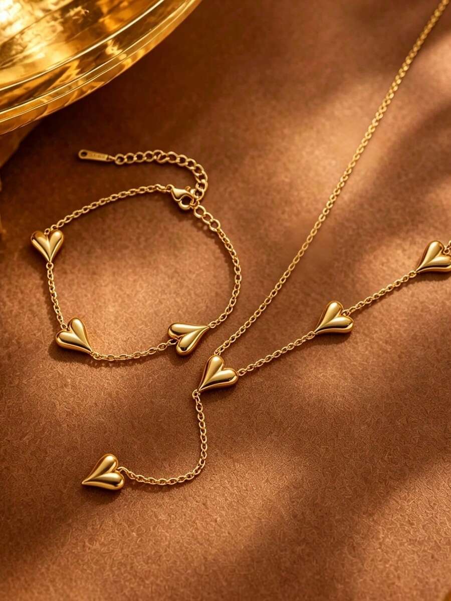1 Set Elegant Style Heart-Shaped Design Stainless Steel Jewelry Set Suitable For Going Out, Shopping And Dating With Friends - Yellow Gold - View 1