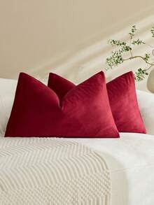 1pc/2pcs Velvet Christmas Burgundy Solid Color Decorative Throw Pillow Cover (Pillow Insert Not Included), Square Cushion Cover, Holiday Home Decor Pillow, Soft Comfortable Linen-Like Fabric, Modern Decor For Sofa, Bedroom, Dorm - Burgundy - View 5