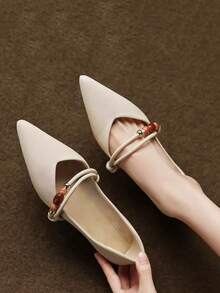 1 Pair Women's Elegant French Style Pointed Toe Flat Shoes, Contrast Color Beaded Thin Strap Low Vamp Soft Sole Autumn Commute Shoes - View 4