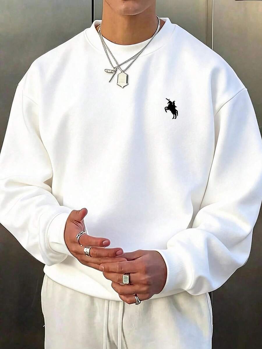 Impala Sudadera de cuello redondo ajustada con estampado minimalista de equitación para hombre, para uso casual y diario, primavera/otoño - Blanco - Ver 1