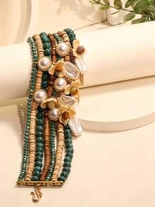1pc Vintage Wooden Bead Faux Stone Faux Pearl Flower Tassel Metal Pendant Multi-Layer Stacked Necklace, Women's Party Vacation Accessory - X-819 - View 4