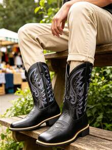 Striped Western Style Faux Leather Texture Cowboy Boots, Outdoor Wear For Men All Seasons - Black - View 6