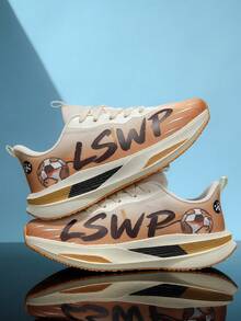 男士足球圖案漸層跑鞋，輕量緩震厚底訓練鞋，透氣街頭風繫帶運動鞋 - 米棕 - 查看 13
