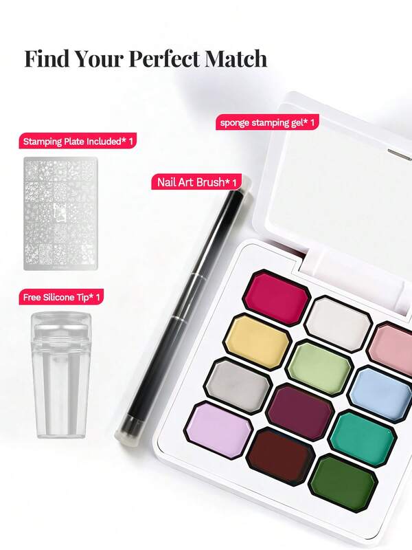 Set Kutek Gel Stamping Kuku 12-Grid, Gel Stamping + Ujung Silikon + Kuas Nail Art + Plat Baja, 4 Buah Set Gel Kuku yang Dicat, Tahan Lama dan Awet, Nail Art Modis, dan Penggunaan Manicurist Rumahan, Hadiah untuk Anak Perempuan