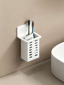 2/1pc Wall-Mounted Toothbrush Holder, Self-Adhesive No-Drill Bathroom Storage Rack, Hollow Ventilated Hanging Toothpaste & Makeup Brush Organizer Basket, Waterproof Wall-Mounted Storage Basket, Multi-Function Plastic Bathroom Toothbrush Accessory - Multicolor - View 4