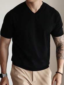 Men's Solid Color V-Neck Short Sleeve Knit Sweater, Simple Commuter Thin Pullover Top, Business Casual Short Sleeve T-Shirt, Spring/Autumn - Black - View 6