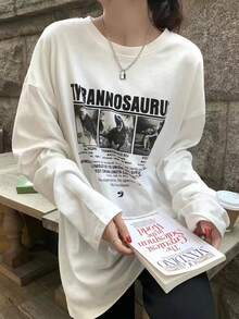 Women's Round Neck Long Sleeve T-Shirt, Spring/Autumn New Dinosaur Pattern & Letter Print, Fashion Casual Versatile Loose Top - White - View 2
