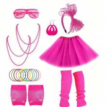 6/9pcs 80s Style Women's Costume Accessories Set, Including Tutu, Neon Party Leg Warmers, Neon Necklace, Earrings, Headband, Fishnet Gloves, Upgraded Tutu, Suitable For Adult Sizes - Multicolor - View 1