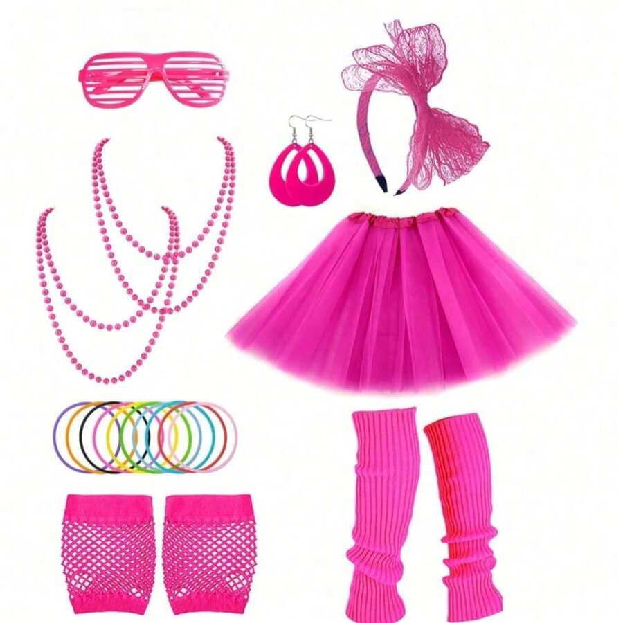 6/9pcs 80s Style Women's Costume Accessories Set, Including Tutu, Neon Party Leg Warmers, Neon Necklace, Earrings, Headband, Fishnet Gloves, Upgraded Tutu, Suitable For Adult Sizes - Multicolor - View 1